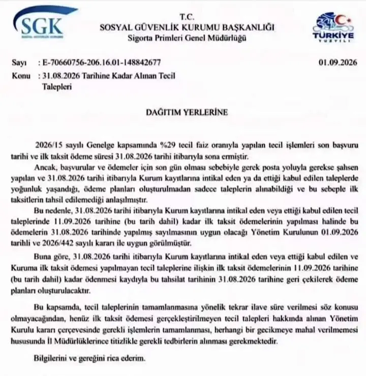 Tecil Başvurularının İlk Taksit Ödemeleri için Son Tarih 11 Eylül 2026