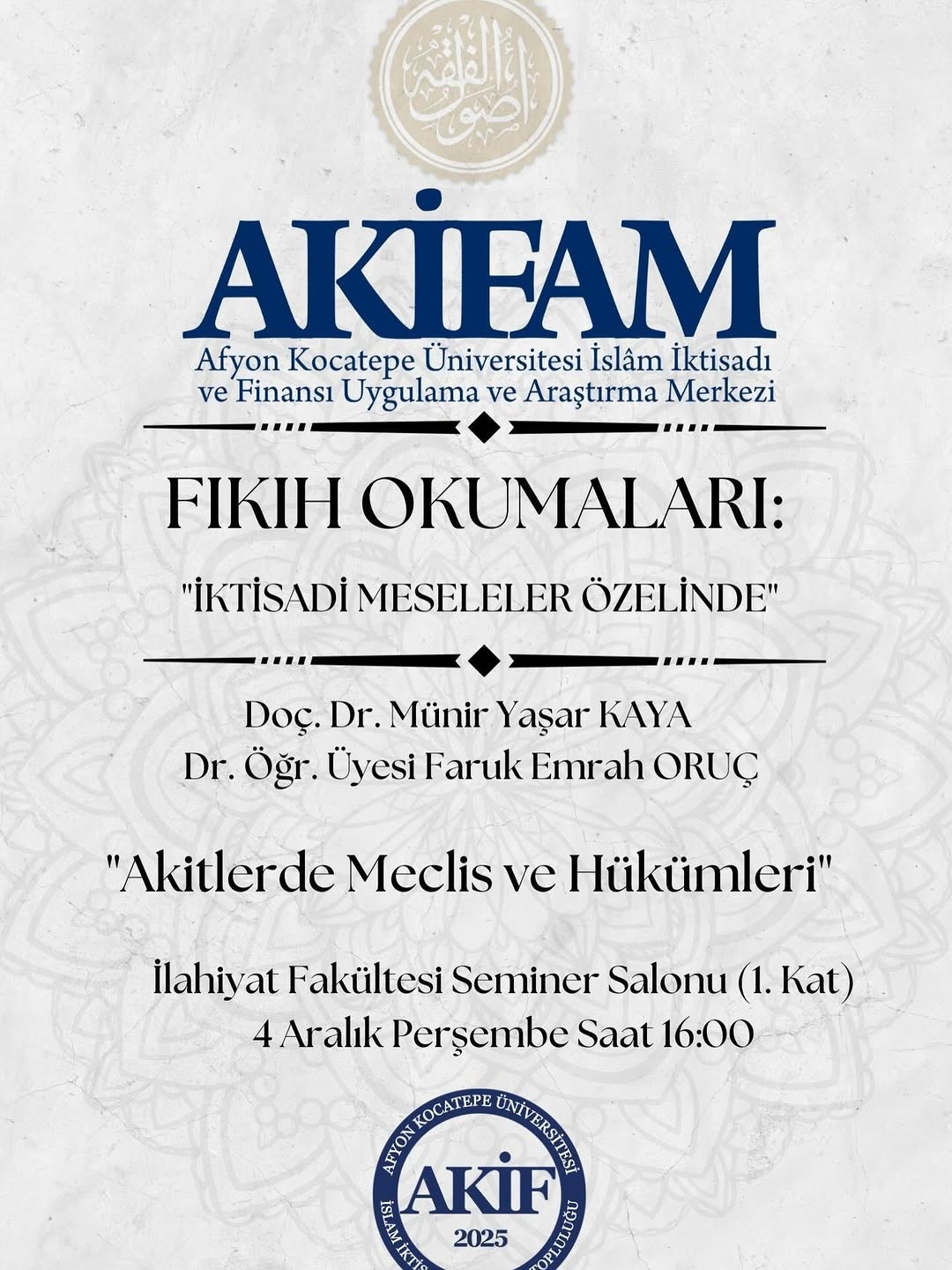 Afyon Kocatepe Üniversitesi'nde Bugün: Fıkıh Okumaları